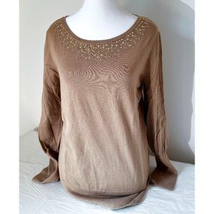 Alfani Sequined Jeweled Knit Sweater / EUC Medium / Gold Tan Beige Holiday Work